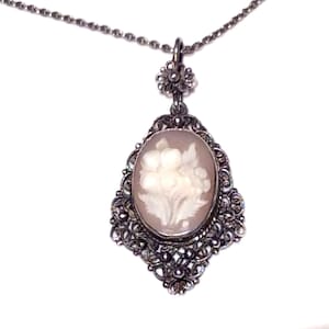 Antique Vintage Flower Carved Shell Silver Filigree Pendant