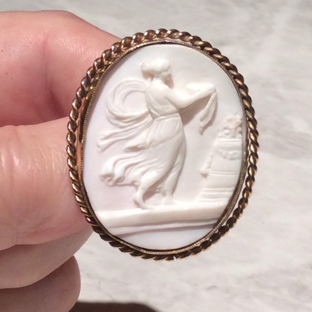 Antique Large Carved Young Lady Flower Angel Skin Coral Cameo