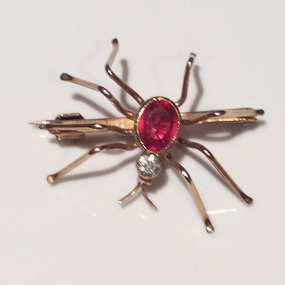 Antique Diamond Tourmaline Rose Gold Spider Brooc… - image 1