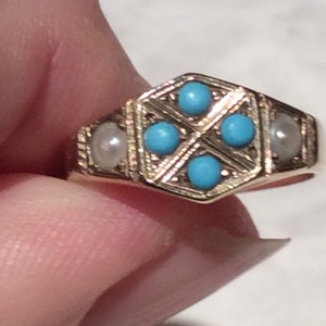 Antiker Vintage Perlen Türkis Gold Ring -9ct
