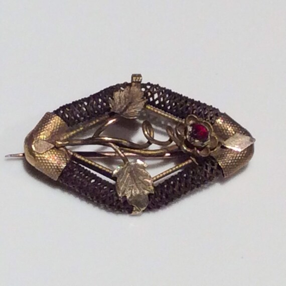 Antique Mourning Flower Woven Hair Gold Brooch - … - image 8