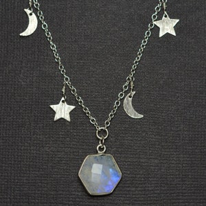 Rainbow Moonstone Faceted Hexagon Pendant on Silver Moon and Star Chain | Handmade Crystal Necklace | Moonstone Talisman Necklace