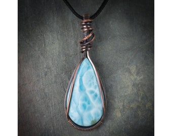Larimar Teardrop Kupferdraht gewickelt Anhänger Halskette