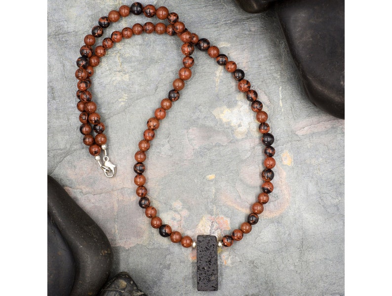 Lava Stone Aromatherapy Necklace Mahogany Obsidian and Lava Rock Necklace Lava Stone Rock Essential Oil Diffuser Pendant Necklace