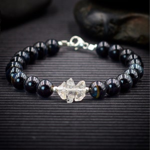 Blue Tiger Eye and Herkimer Diamond Bracelet | Healing Crystal Beaded Bracelet | Attracts abundance