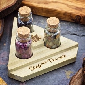 Step Into Power Mini Crystal Apothecary Set with Rhyolite, Obsidian, and Ruby Chips in Glass Bottles