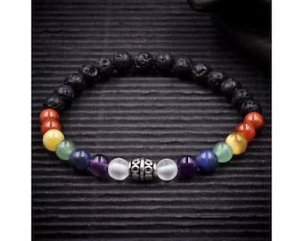 HEDQFM Braccialetto elastico con 7 chakra in pietra lavica vulcanica 2 strati o 1 strato singolo regolabile bracciale in tessuto bianco turchese per aromaterapia diffusore di oli essenziali Bianco