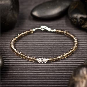 Faceted Smoky Quartz and Herkimer Diamond Mini Crystal Bracelet | Tiny Healing Crystal Beaded Bracelet | Brings emotional tranquility