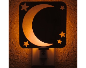 Crescent Moon & Star Wood Night Light - Handmade Decorative Night Light, Hallway Light, Kitchen Nite Lite, Bedroom Nightlight, Zen Nite Lite
