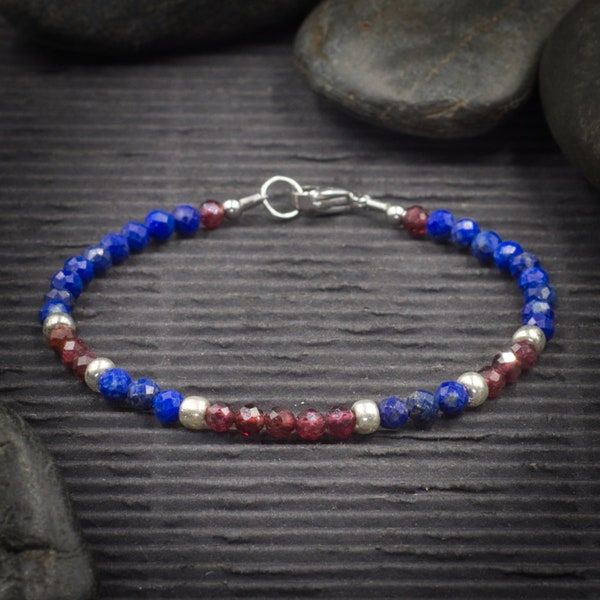 Faceted Lapis Lazuli and Red Garnet Mini Crystal Bracelet | Made to Order | Tiny Healing Crystal Beaded Bracelet