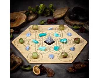 Large Peace and Harmony Crystal Grid Set | Crystal Grid Kit | Large Sacred Geometry Wood Grid Board with Crystals for Tranquility