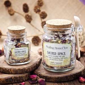Sacred Space Custom Sage Smudge Mix with White Sage, Eucalyptus Leaves, Palo Santo Chips, and Red Rose Petals - Your choice of sizes