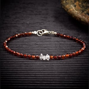 Faceted Hessonite Garnet and Herkimer Diamond Mini Crystal Bracelet | Tiny Healing Crystal Beaded Bracelet | Bestows self-confidence