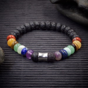Pulsera Rondelle de roca de lava de cristal de 7 chakras / Pulsera curativa de cristal de chakra / Pulsera de piedra de lava de chakra / Pulsera de aromaterapia de 7 chakras