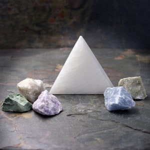 Personal Power Crystal Set with Selenite Triangle, Angelite, Indian Turquoise, Lepidolite, Moonstone, and Idocrase / Vesuvianite