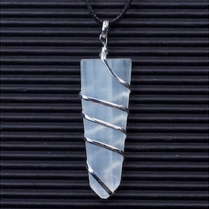 Selenite Wire Wrapped Flat Point Pendant | Natural Selenite Necklace