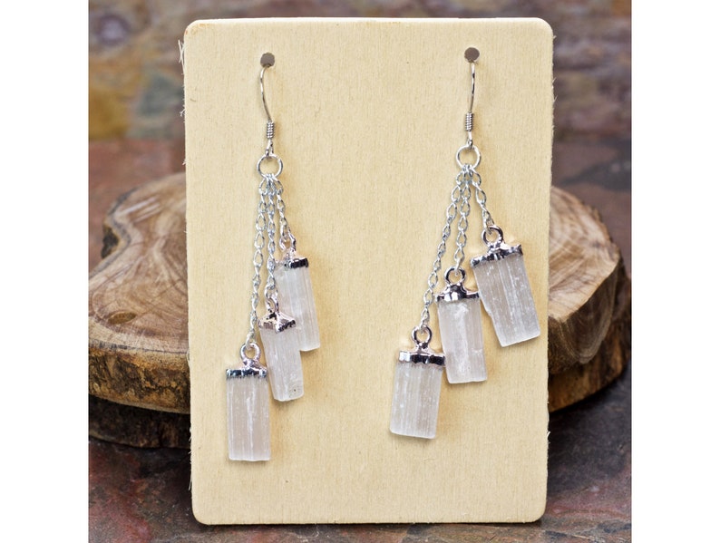 Unique Earrings Crystal Earrings Selenite Triple Dangle Earrings Boho Dangle Earrings Pierced Earrings