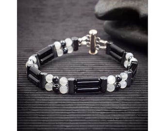 Black Onyx and Moonstone Double Power Bracelet | Beaded Crystal Bracelet | Imparts self confidence