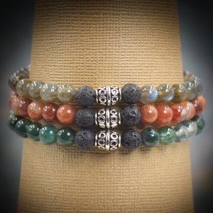 Intuition – Triple Aromatherapy Bracelets with Fire Agate, Labradorite, Moss Agate, and Lava Rock Beads | Made to Order