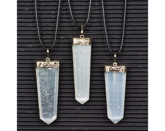 Natural Selenite Flat Point Pendant Necklace