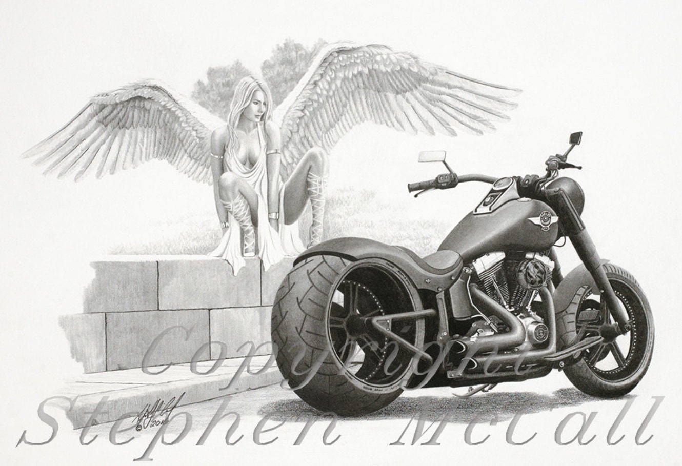 Original pencil drawing temptation by stephen mccall beautiful angel harley davidson drawings motorcycle drawings harley fatboy angel