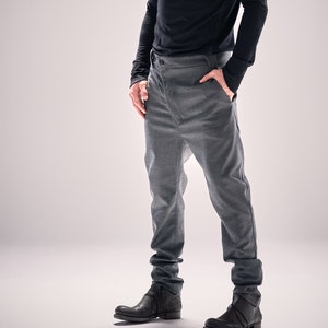 Mens Modern Trousers / Neutral Grey Wool Pants / Asymmetrical Trousers / Drop Crotch Mens Pants / Urban Clothing by POWHA image 1