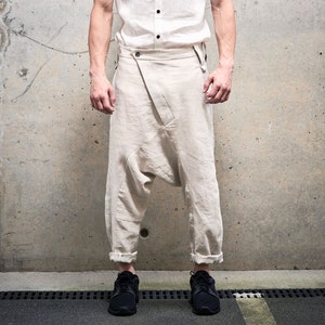 Linen Cropped Pants / Drop Crotch Trousers / Linen Low Crotch Pants / Extravagant Mens Pants / Futuristic Clothing by POWHA image 2