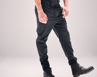 Charcoal Modern Mens Trousers / Dark Grey Wool Pants / Asymmetrical Trousers / Mens Clothing / Low Crotch Mens Pants by Powha