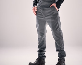 Mens Modern Trousers / Neutral Grey Wool Pants / Asymmetrical Trousers / Drop Crotch Mens Pants / Urban Clothing by POWHA