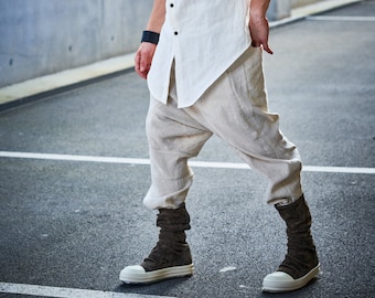 Linen Cropped Pants / Drop Crotch Trousers / Linen Low Crotch Pants / Extravagant Mens Pants / Futuristic Clothing by POWHA