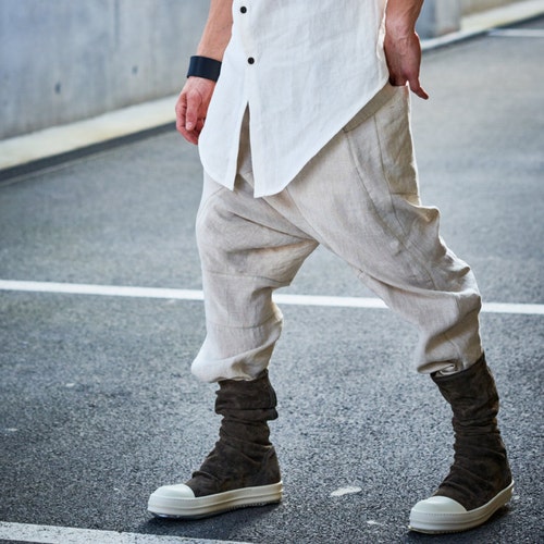 Linen Cropped Pants / Drop Crotch Trousers / Linen Low Crotch - Etsy