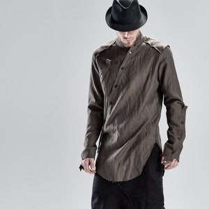 Distorted Mens Shirt / Mens Clothing / Urban Brown Shirt / Button Down Shirt / Handcrafted Brown Mens Top / Asymmetric Wool Shirt by POWHA image 1