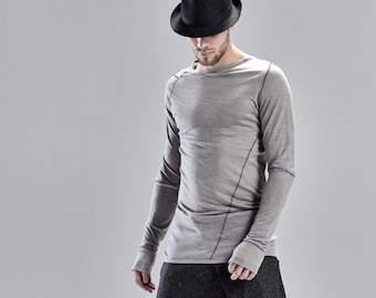 Distorted Wool Shirt / Heather Grey Reversible Shirt / Modern Asymmetrical Shirt / Mens Clothing / Long Sleeved Asymmetric T-Shirt by POWHA