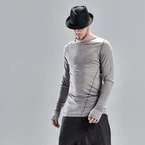 Distorted Wool Shirt / Heather Grey Reversible Shirt / Modern Asymmetrical Shirt / Mens Clothing / Long Sleeved Asymmetric T-Shirt by POWHA image 1