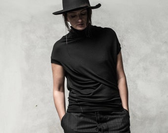 Black Drape Turtleneck Top: Short Sleeve Rayon Blouse