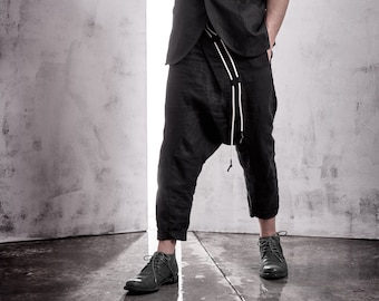 Black Linen Cropped Pants / Mens Drop Crotch Trousers / Futuristic Linen Pants / Urban Low Crotch Pants / Black Extravagant Pants by POWHA