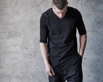 Half Sleeved Top with Scar Stitch / Kinetic Black Blouse/ Mens Urban Blouse / Futuristic Shirt/ Raw Crew Neck Top by POWHA