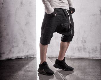 Black Linen Shorts / Mens Drop Crotch Trousers / Minimalist Pants / Dropped Crotch Shorts / Black Extravagant Pants by POWHA