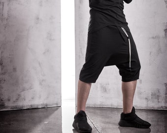 Black Cotton Track Shorts / Mens Drop Crotch Trousers / Minimalist Pants / Dropped Crotch Shorts / Black Extravagant Pants by POWHA