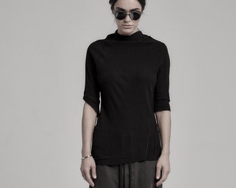 Momentum Half Sleeve Ribbed Top | Half Sleeved Blouse | Minimalist Black Top | Black Blouse | Contemporary Womenswear by POWHA