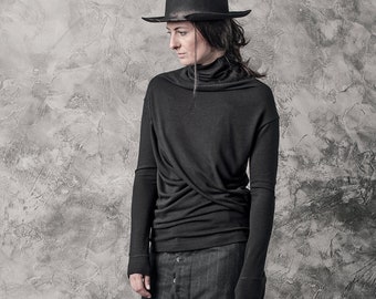 Black Turtleneck Blouse: Drape Front, Long Sleeve Rayon Top