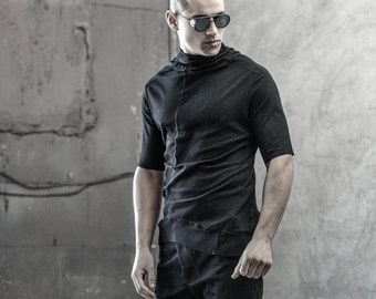 Momentum Black Half Sleeved Top  / Ribbed Black Blouse/ Mens Urban Blouse / Futuristic Shirt by POWHA