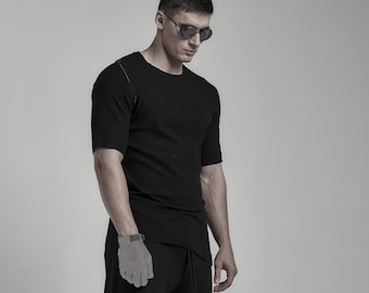Haut noir Microlock à demi-manches/chemisier noir côtelé/chemise futuriste pour homme de POWHA