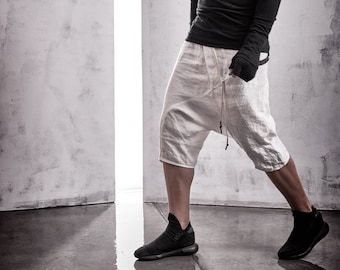 Off-White Linen Shorts / Distorted Drop Crotch Trousers / Minimalist Boiled Pants / Low Crotch Shorts / Off-White Extravagant Pants by POWHA