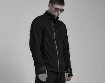 Black Cotton Track Jacket: Deconstructed Sleeves, Built-In Gloves