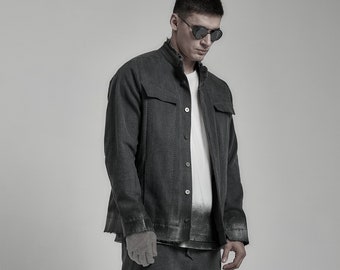 Veste en jean caoutchouté gris délavé/Vêtements extravagants pour hommes/Veste longue sur mesure POWHA