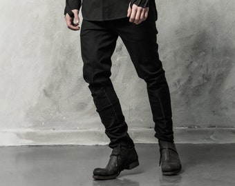 Pantalon noir J-leg / Pantalon noir en coton artisanal / Pantalon futuriste / Pantalon Urban Scar-Stitch / Progressive Menswear par POWHA