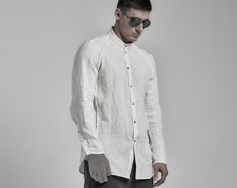 Facet Boiled Linen Off White Shirt | Wrinkled Linen Mens Shirt | Minimalist Shirt by POWHA