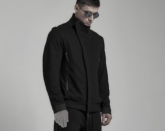 Black Cotton Zipper Jacket: High Collar, Asymmetrical Closure
