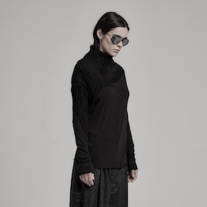 Lamellas Black Long Sleeve Top: Throne Collar Drape Blouse